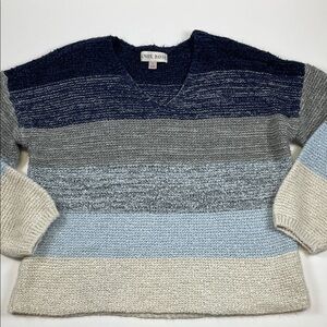 Knox Rose Colorblock Knit Sweater V-Neck Blue Gray Cream Women’s Size Large